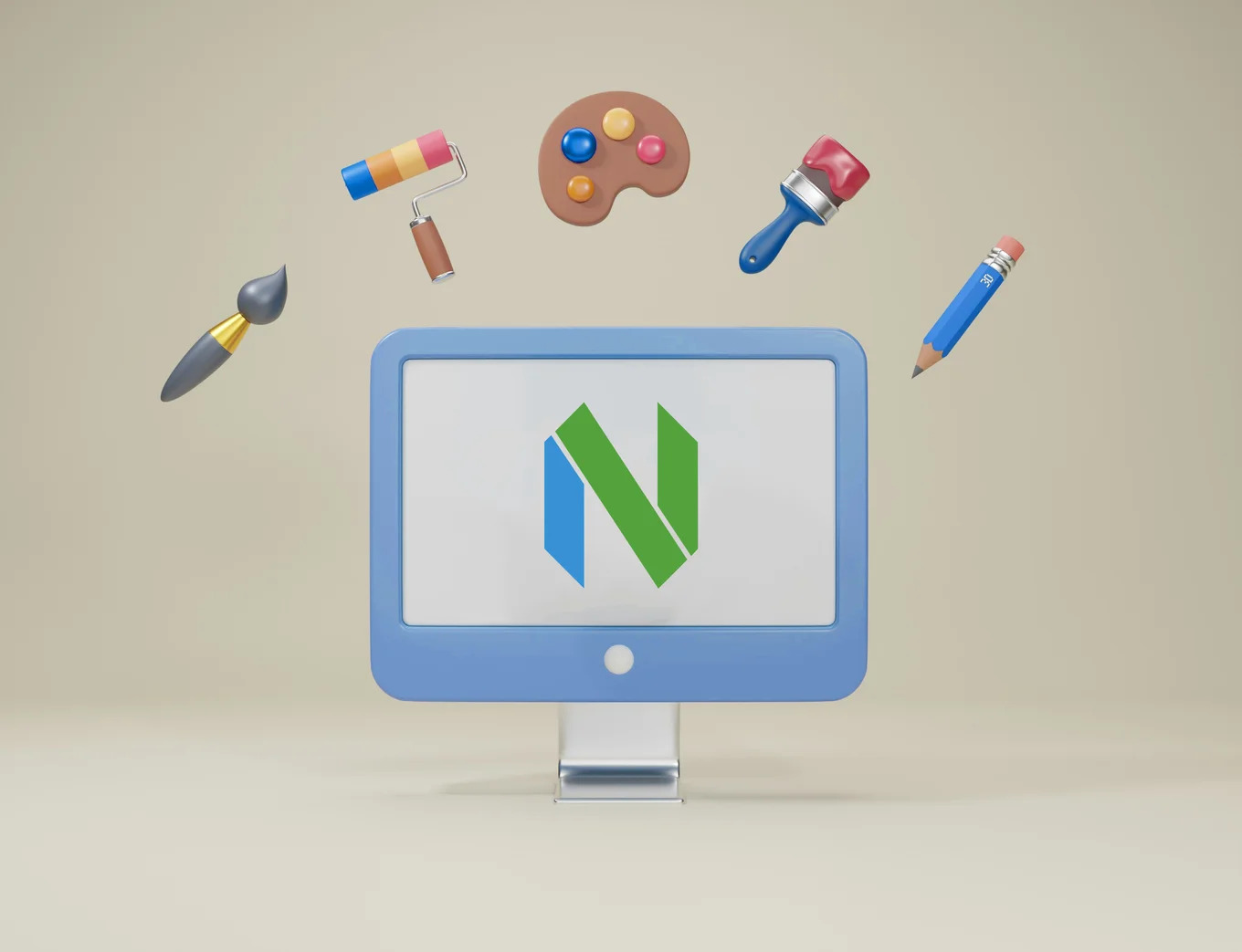An abstract rendition of a monitor with different creative tools including paintbrushes, scissors, and a paintbucket. Neovim's logo is displayed on the monitor. Neovim logo attributed to Jason Long
