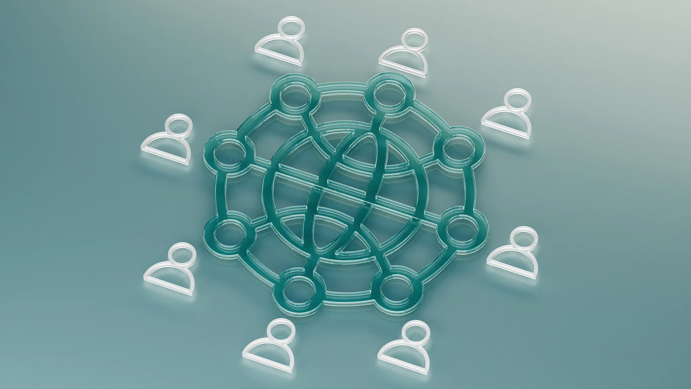 A 3D render of a minimalist outline of the globe in blue plastic-looking material, with simplistic outlines of people surrounding the globe in a white plastic-looking material.